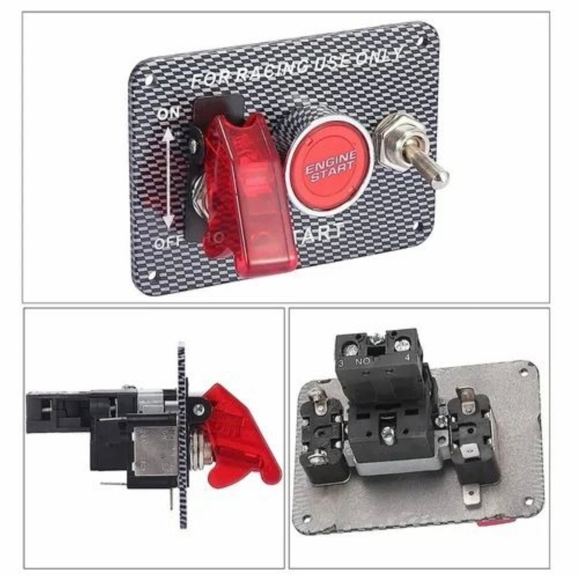 12V Carbon Fiber Racing Ignition Switch Panel | Push Button Engine Start & Toggles