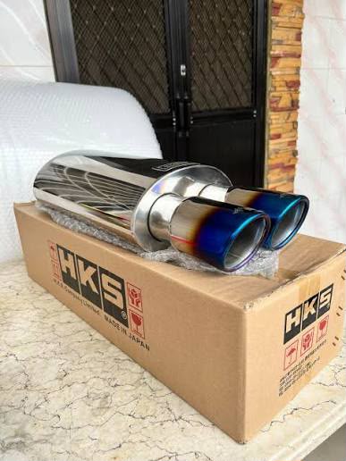 HKS-Style Universal Dual-Tip Performance Exhaust Muffler | Burnt Finish Steel