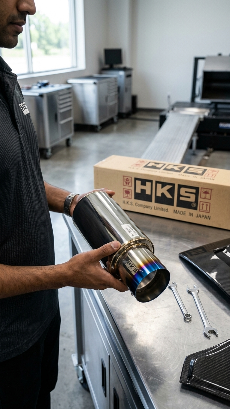 HKS-Style Universal Single-Tip Free-Flow Exhaust Muffler | Burnt Finish
