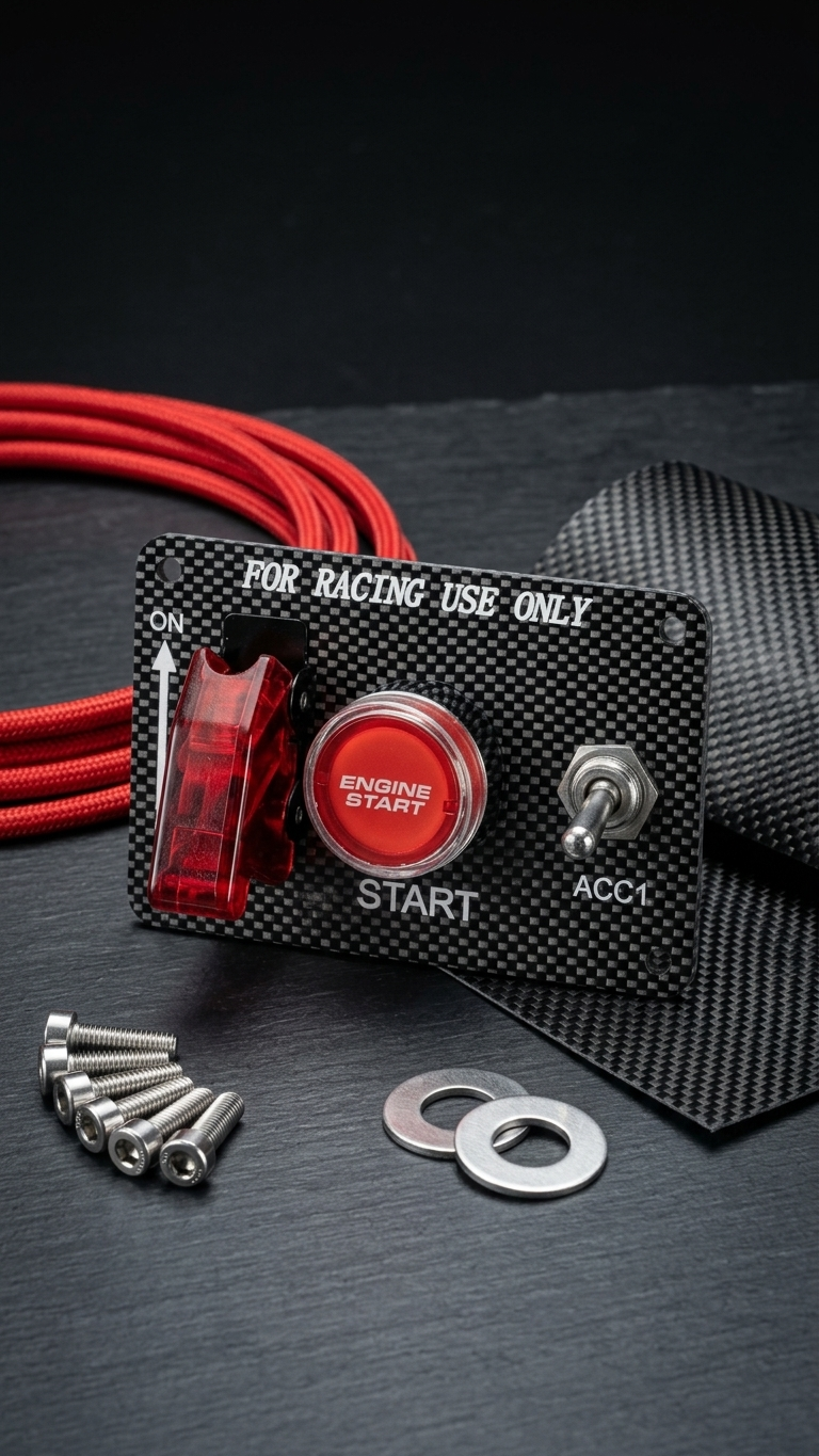 12V Carbon Fiber Racing Ignition Switch Panel | Push Button Engine Start & Toggles